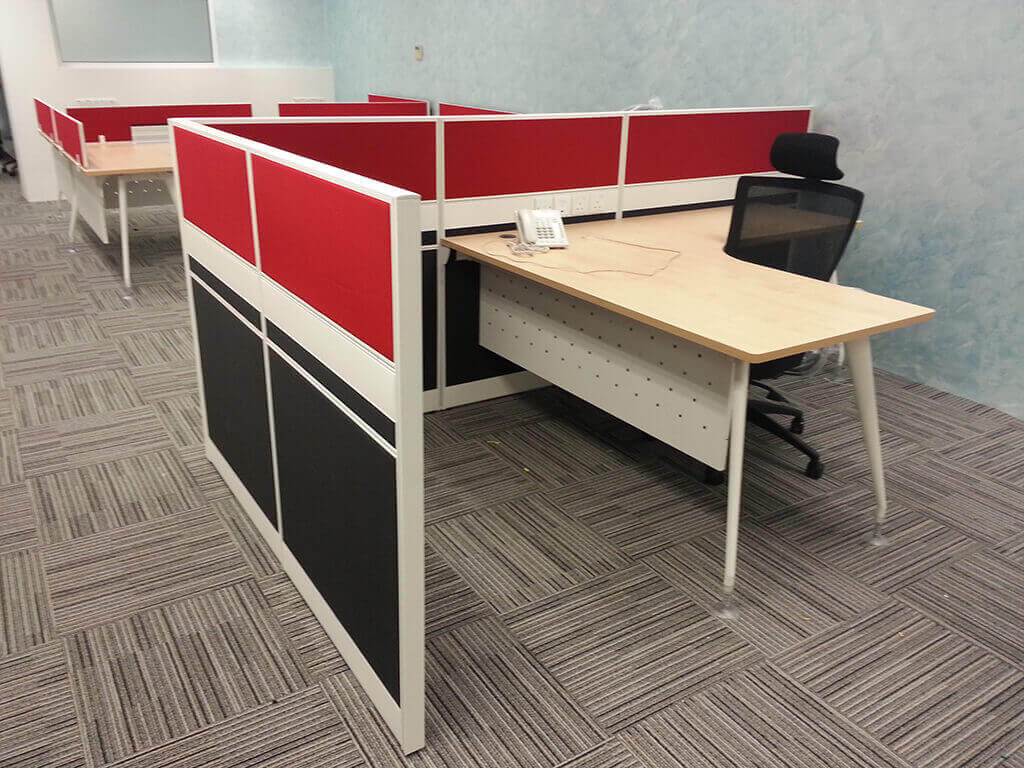 office workstation, red color, table and chair