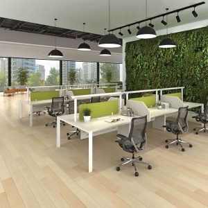 arcline linear workstations with Zinng medium back chairs in a biophilic concept office.