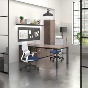 Arcline manager table in dark walnut top with side cabinets paired with S-Flex ergonomic chairs.