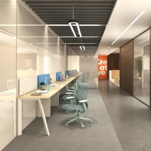 Arcline walkway desks paired with zinng office chairs near the walkway corridor of an office.